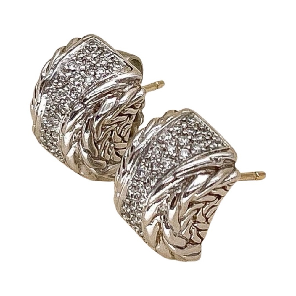 John Hardy Chain LInk Sterling, 18K Gold, Diamond Stud Dome Shaped Earrings